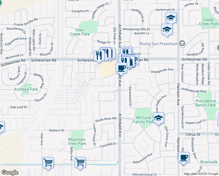 map of restaurants, bars, coffee shops, grocery stores, and more near 7271 Logsdon Drive in Corona