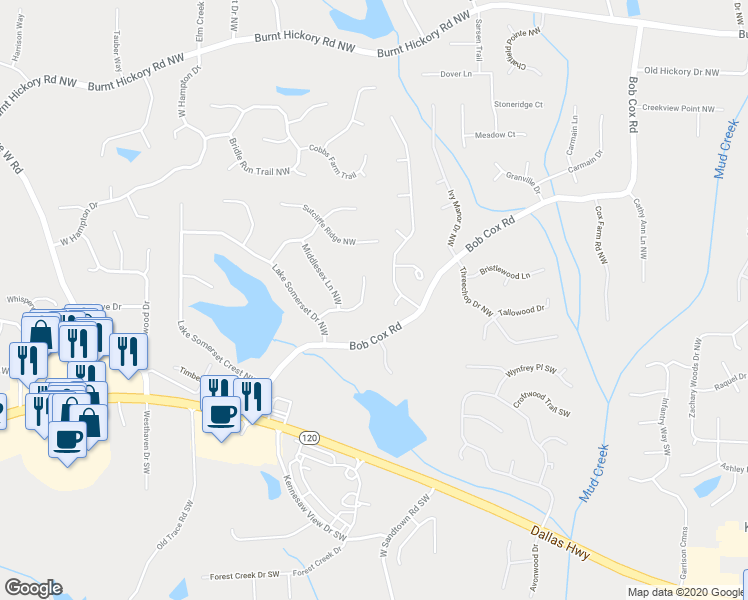 map of restaurants, bars, coffee shops, grocery stores, and more near 160 Woodmeade Way in Marietta