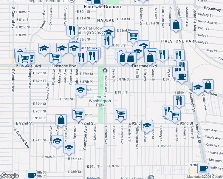 map of restaurants, bars, coffee shops, grocery stores, and more near 8801 Beach Street in Los Angeles