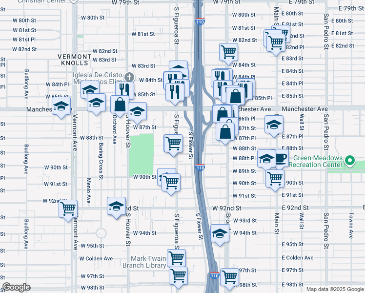 map of restaurants, bars, coffee shops, grocery stores, and more near 8810 South Figueroa Street in Los Angeles