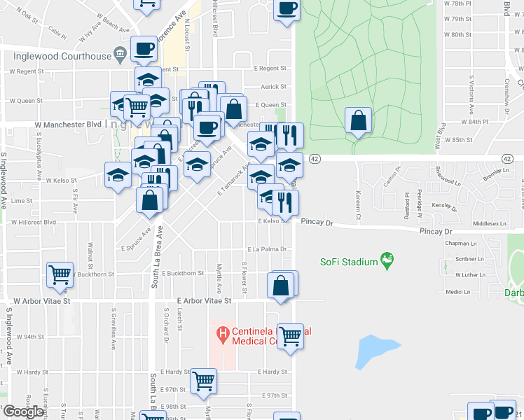 map of restaurants, bars, coffee shops, grocery stores, and more near 541 South Osage Avenue in Inglewood