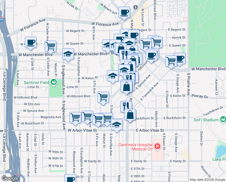 map of restaurants, bars, coffee shops, grocery stores, and more near 520 South Grevillea Avenue in Inglewood