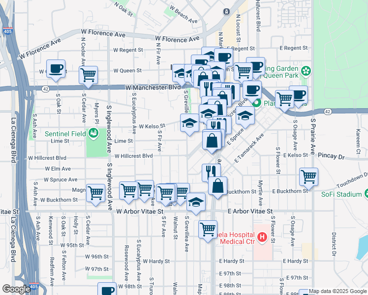 map of restaurants, bars, coffee shops, grocery stores, and more near 520 South Grevillea Avenue in Inglewood