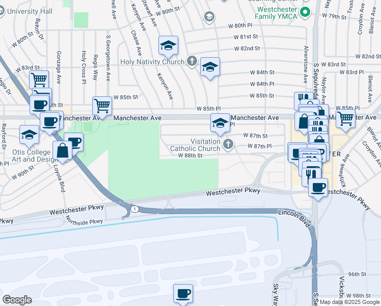 map of restaurants, bars, coffee shops, grocery stores, and more near 6677 West 88th Street in Los Angeles