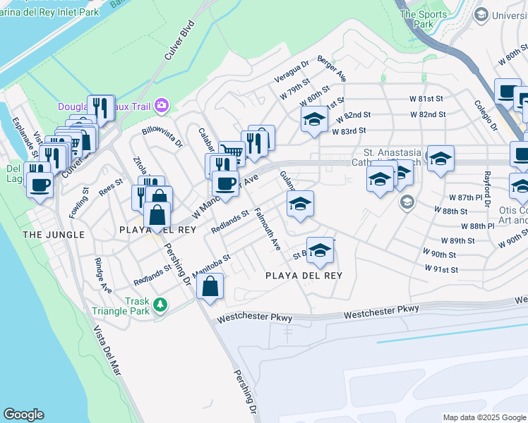 map of restaurants, bars, coffee shops, grocery stores, and more near 8050 Redlands Street in Los Angeles
