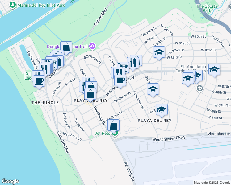 map of restaurants, bars, coffee shops, grocery stores, and more near 8600 Tuscany Avenue in Los Angeles