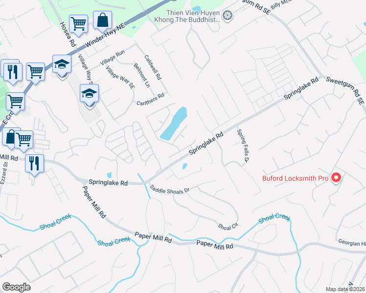 map of restaurants, bars, coffee shops, grocery stores, and more near 493 Marsh Lake Road Southeast in Lawrenceville