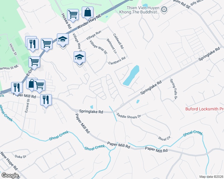 map of restaurants, bars, coffee shops, grocery stores, and more near 130 Springbottom Drive Southeast in Lawrenceville