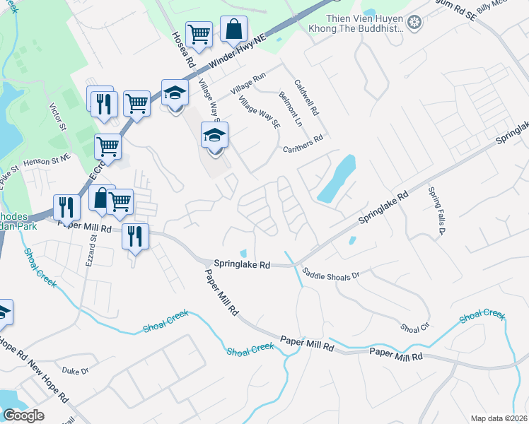 map of restaurants, bars, coffee shops, grocery stores, and more near 388 Clearsprings Drive in Lawrenceville