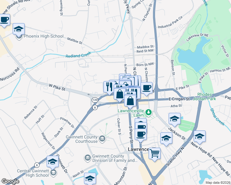 map of restaurants, bars, coffee shops, grocery stores, and more near 112 West Pike Street in Lawrenceville