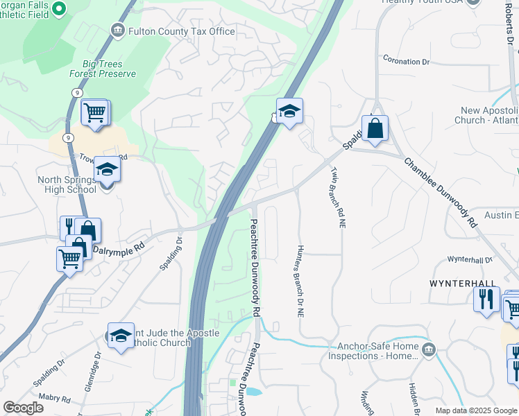 map of restaurants, bars, coffee shops, grocery stores, and more near 7375 Peachtree Dunwoody Road in Atlanta
