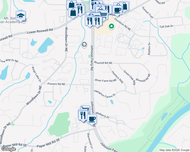 map of restaurants, bars, coffee shops, grocery stores, and more near 4831 River Farm Road Northeast in Marietta