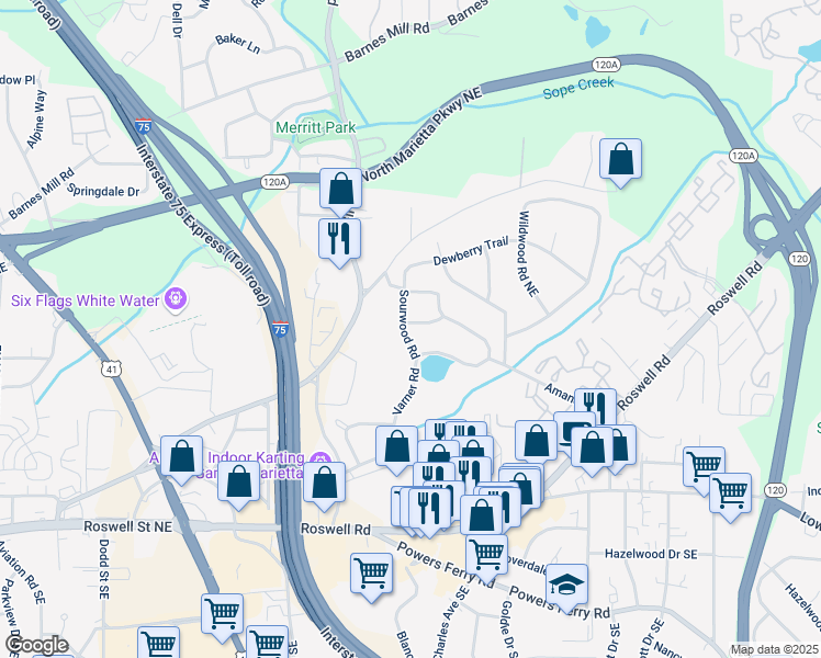 map of restaurants, bars, coffee shops, grocery stores, and more near 1376 Woodbine Street in Marietta