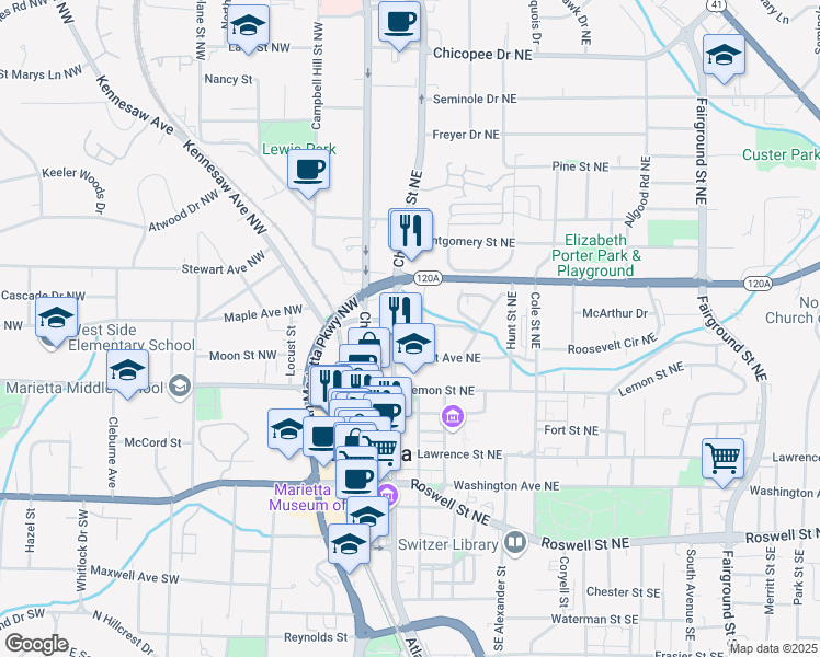 map of restaurants, bars, coffee shops, grocery stores, and more near 213 Cherokee Street Northeast in Marietta