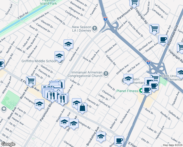 map of restaurants, bars, coffee shops, grocery stores, and more near 9548 Orizaba Avenue in Downey