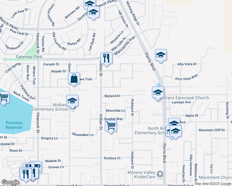 map of restaurants, bars, coffee shops, grocery stores, and more near 24622 Skyland Drive in Moreno Valley