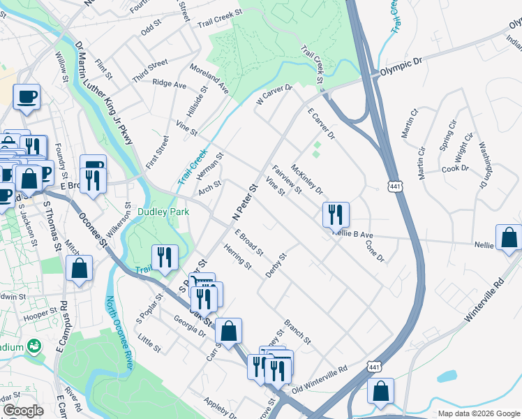 map of restaurants, bars, coffee shops, grocery stores, and more near 248 Arch Street in Athens
