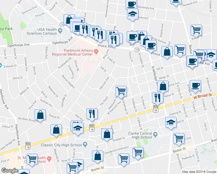 map of restaurants, bars, coffee shops, grocery stores, and more near 148 Plaza Street in Athens