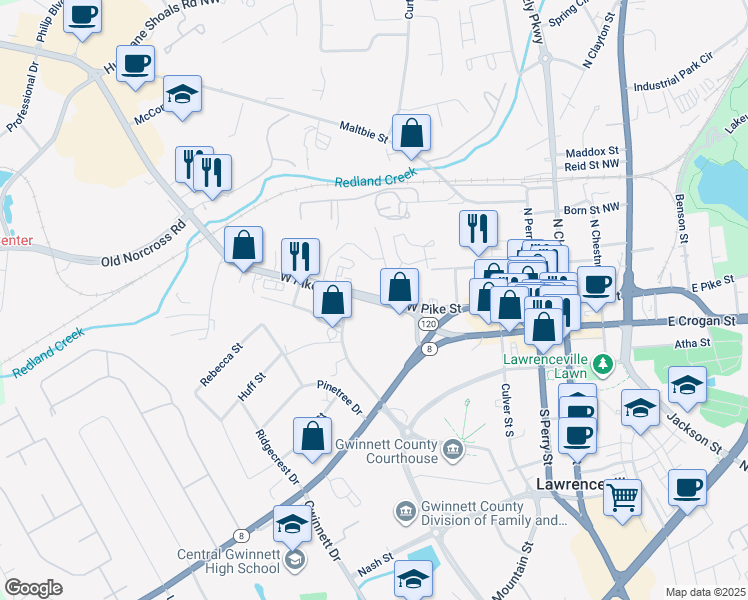 map of restaurants, bars, coffee shops, grocery stores, and more near 344 West Pike Street in Lawrenceville