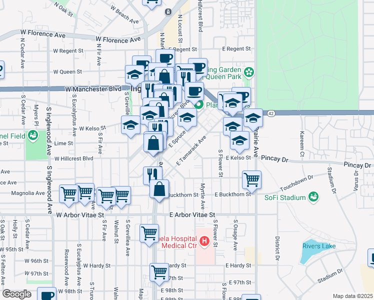 map of restaurants, bars, coffee shops, grocery stores, and more near 243 East Tamarack Avenue in Inglewood