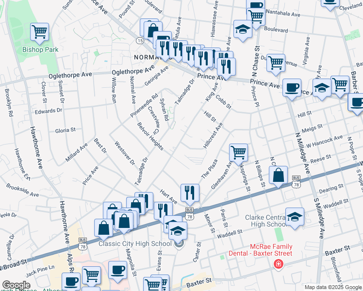 map of restaurants, bars, coffee shops, grocery stores, and more near 270 The Plaza in Athens
