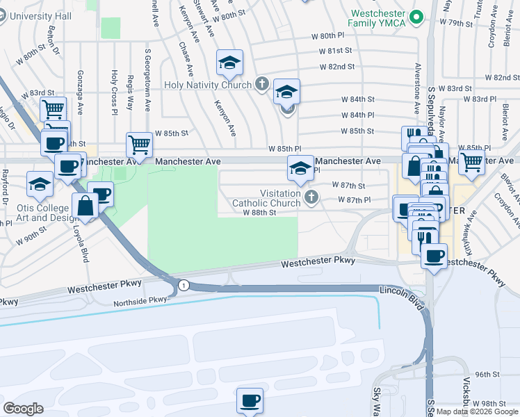 map of restaurants, bars, coffee shops, grocery stores, and more near 6677 West 88th Street in Los Angeles