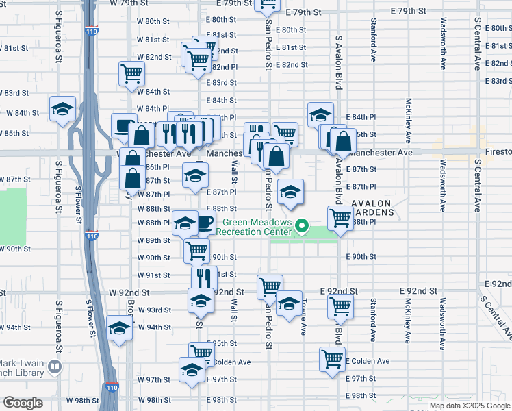 map of restaurants, bars, coffee shops, grocery stores, and more near 237 East 88th Street in Los Angeles