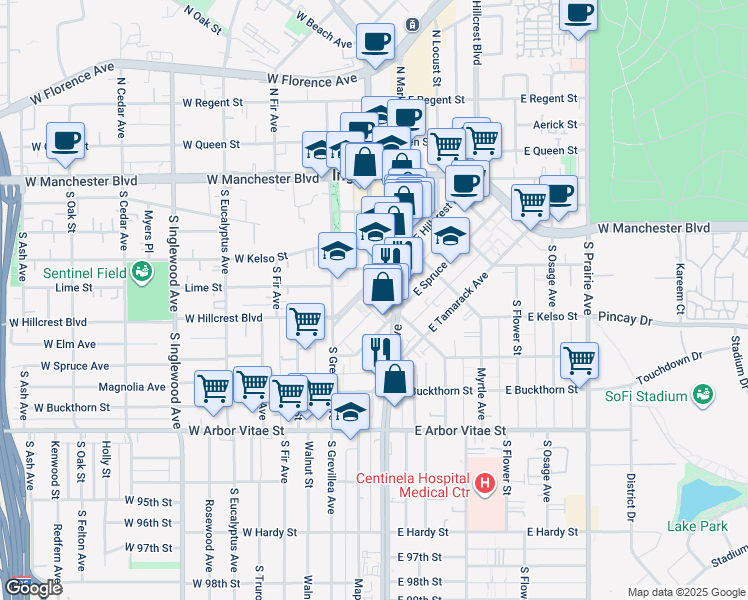 map of restaurants, bars, coffee shops, grocery stores, and more near 516 South La Brea Avenue in Inglewood