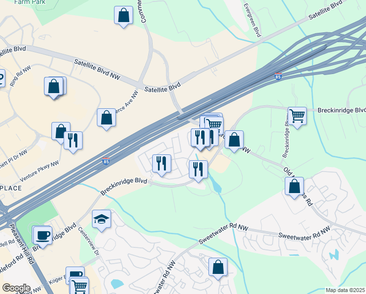 map of restaurants, bars, coffee shops, grocery stores, and more near 3065 Briaroak Drive in Duluth