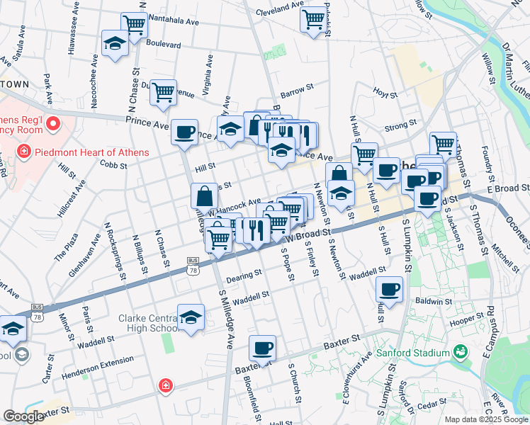 map of restaurants, bars, coffee shops, grocery stores, and more near 424 Reese Street in Athens