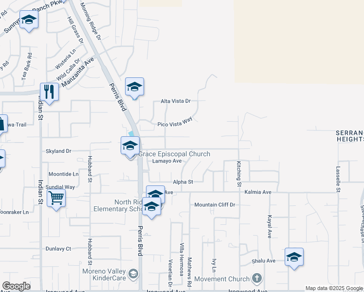 map of restaurants, bars, coffee shops, grocery stores, and more near 25228 Jaclyn Avenue in Moreno Valley