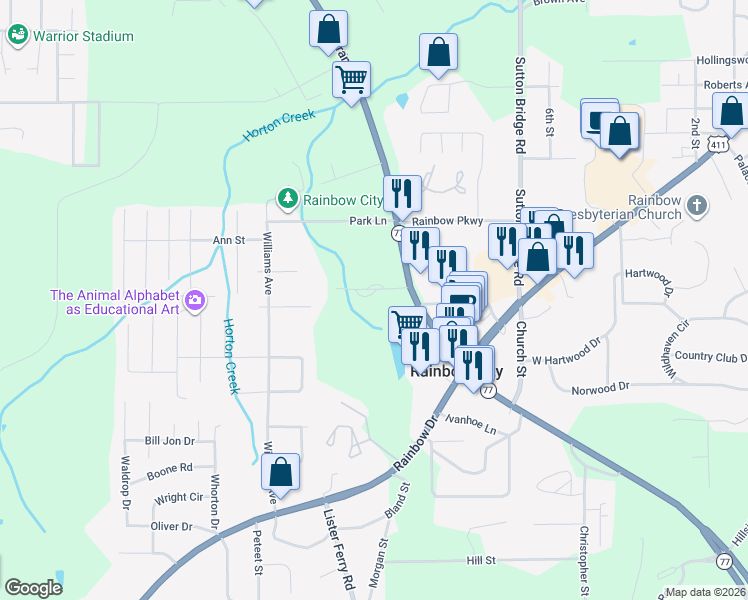map of restaurants, bars, coffee shops, grocery stores, and more near 124 Ilene Street in Rainbow City