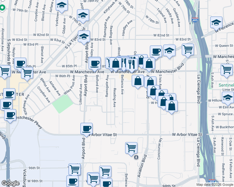 map of restaurants, bars, coffee shops, grocery stores, and more near 8812 Reading Avenue in Los Angeles