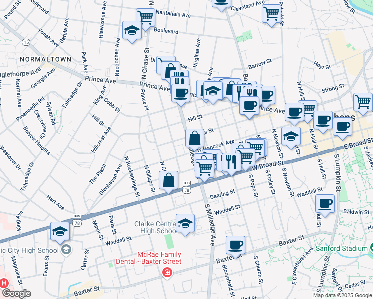 map of restaurants, bars, coffee shops, grocery stores, and more near 325 North Milledge Avenue in Athens
