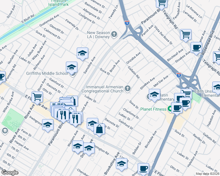 map of restaurants, bars, coffee shops, grocery stores, and more near 9548 Orizaba Avenue in Downey