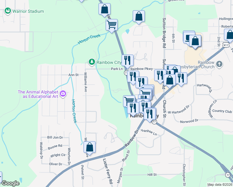 map of restaurants, bars, coffee shops, grocery stores, and more near 124 Ilene Street in Rainbow City