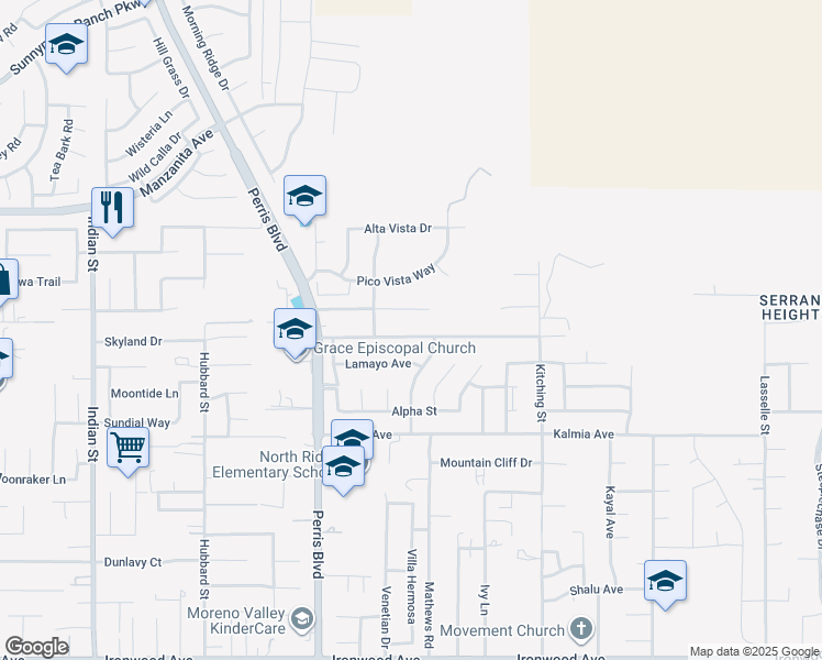 map of restaurants, bars, coffee shops, grocery stores, and more near 25228 Jaclyn Avenue in Moreno Valley