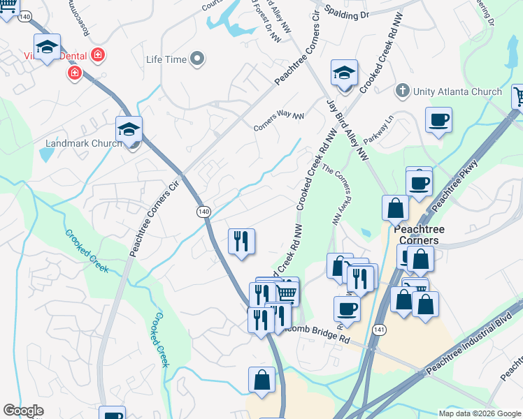 map of restaurants, bars, coffee shops, grocery stores, and more near 6197 Willow Run Court in Norcross