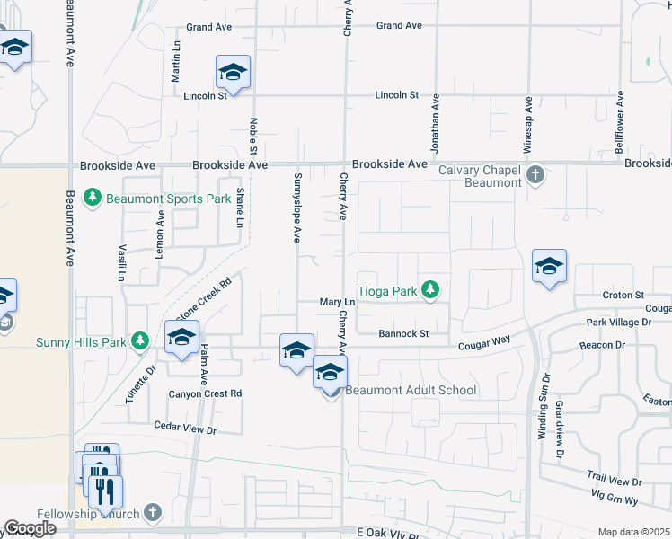 map of restaurants, bars, coffee shops, grocery stores, and more near 11285 Cherry Avenue in Cherry Valley