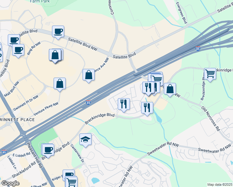 map of restaurants, bars, coffee shops, grocery stores, and more near 3157 Millington Place in Duluth