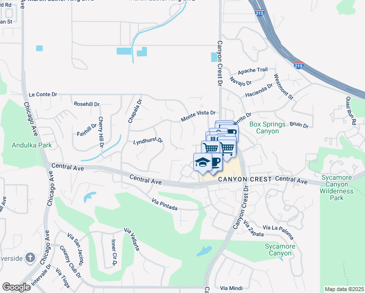 map of restaurants, bars, coffee shops, grocery stores, and more near 1117 Maddie Lane in Riverside