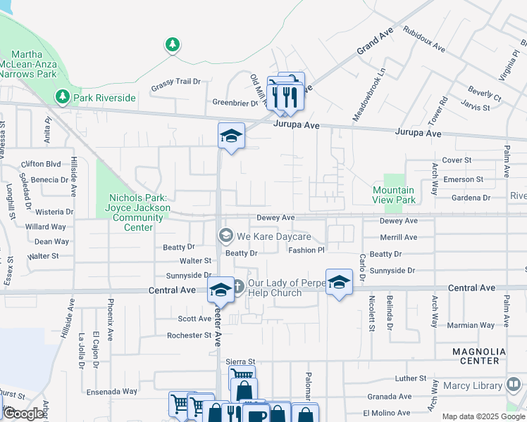 map of restaurants, bars, coffee shops, grocery stores, and more near 5170 Appleton Street in Riverside