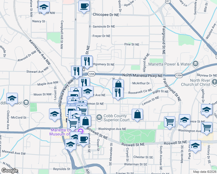map of restaurants, bars, coffee shops, grocery stores, and more near 232 Hunt Street Northeast in Marietta