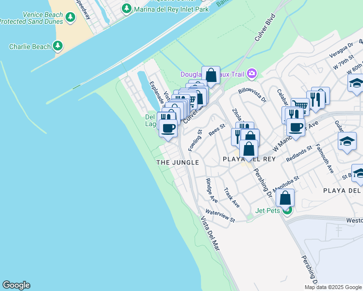 map of restaurants, bars, coffee shops, grocery stores, and more near 6916 Vista Del Mar in Los Angeles