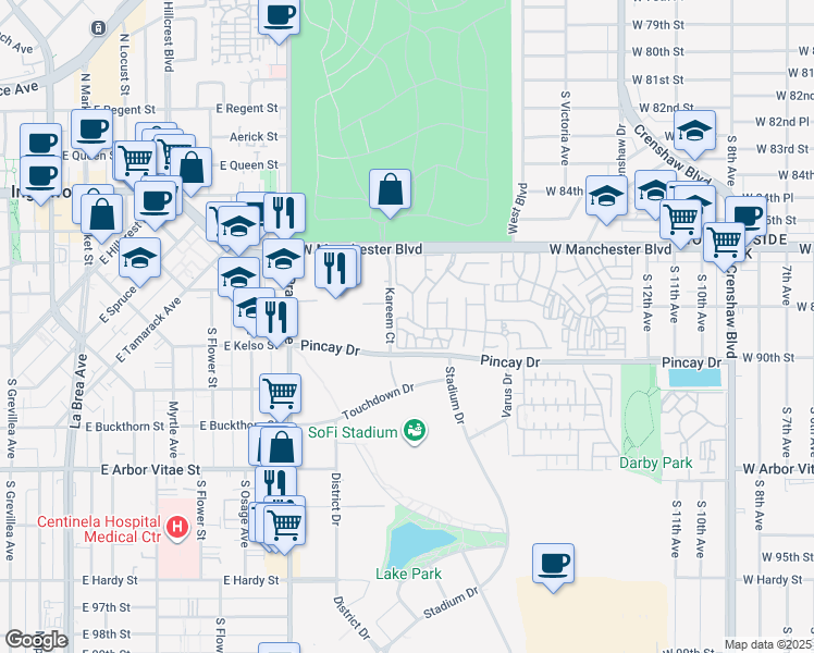 map of restaurants, bars, coffee shops, grocery stores, and more near 3860 Amberly Drive in Inglewood