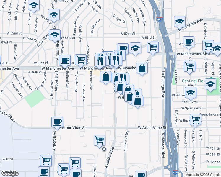 map of restaurants, bars, coffee shops, grocery stores, and more near 8820-8824 Aviation Boulevard in Inglewood