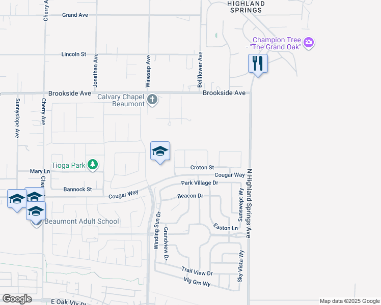 map of restaurants, bars, coffee shops, grocery stores, and more near 1591 Chinook Street in Beaumont