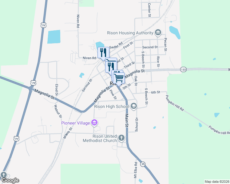 map of restaurants, bars, coffee shops, grocery stores, and more near 530 Pine Street in Rison