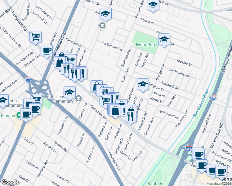 map of restaurants, bars, coffee shops, grocery stores, and more near 8611 Eglise Avenue in Pico Rivera