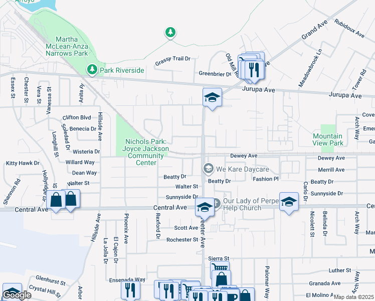 map of restaurants, bars, coffee shops, grocery stores, and more near 5366 Appleton Street in Riverside
